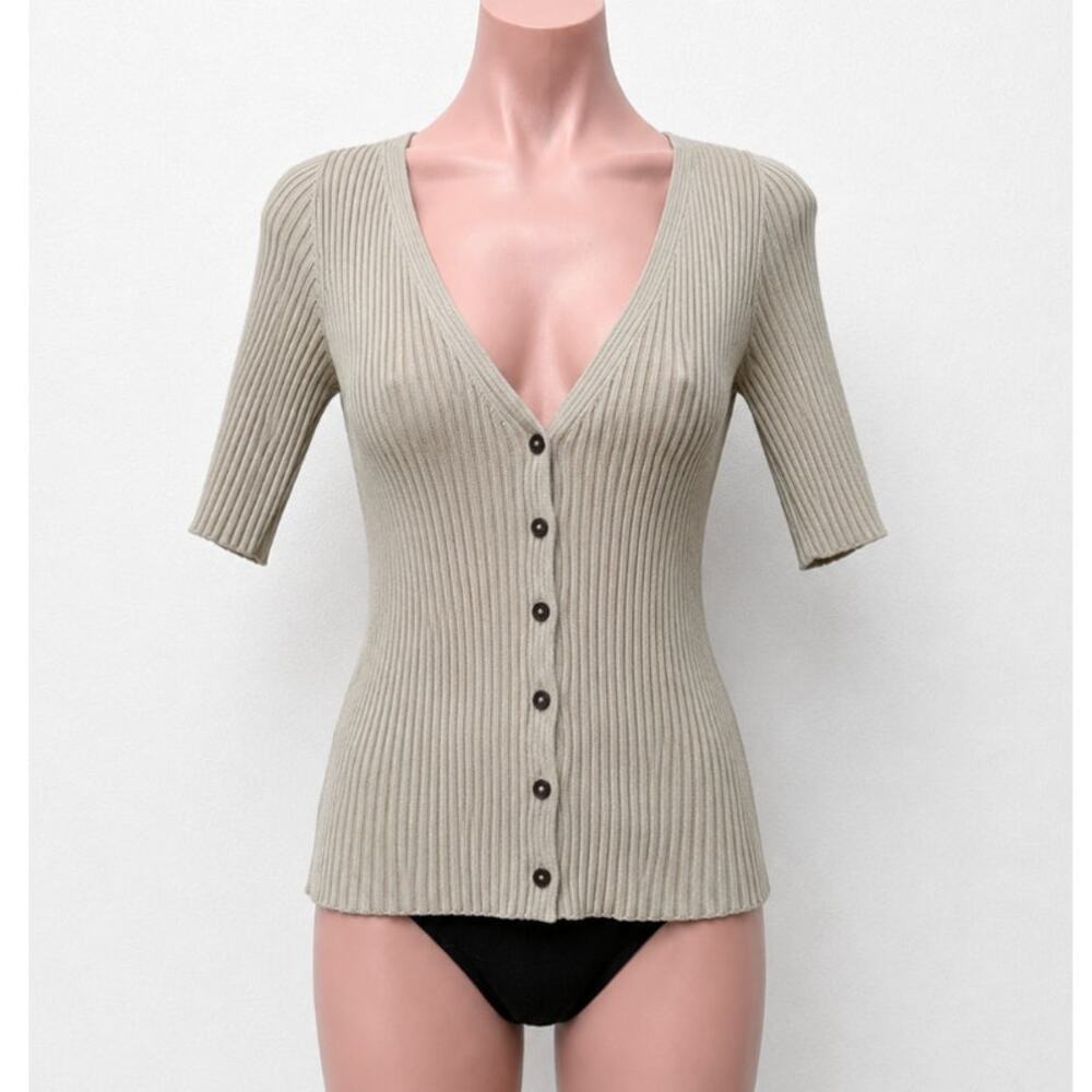 Closed Stone Gray Ribbed Knit V-Neck Front Button Short Sleeve Cardigan Top XXS